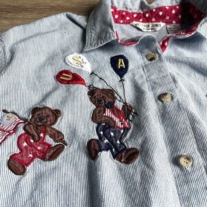 Vintage Denim Bear Embroidered Shirt Size 22 Balloons USA Teacher Long Sleeves